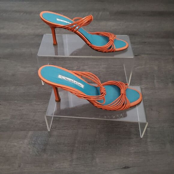 Oscar de la Renta Women's Heels US 6 EU 36 Orange Blue Leather Strappy Sandals - Picture 2 of 12